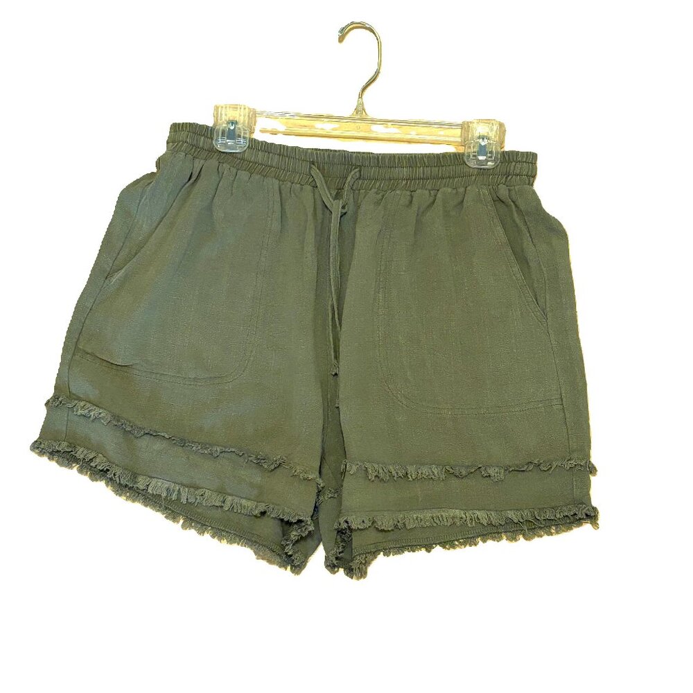 Easel Linen & Rayon Sage Green Fringed Elastic Waist Baggy Shorts - Size L